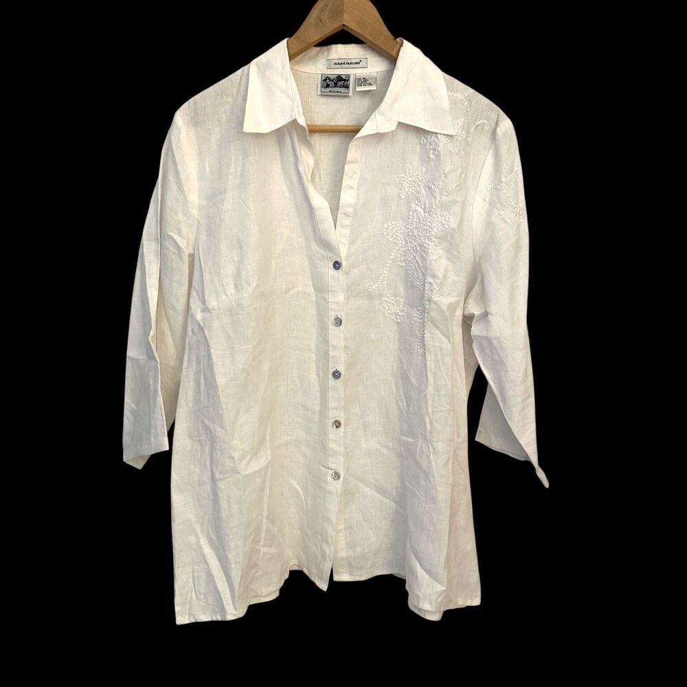 Richard Malcolm White Floral Embroidered 100% Irish Linen Button Up Shirt XL